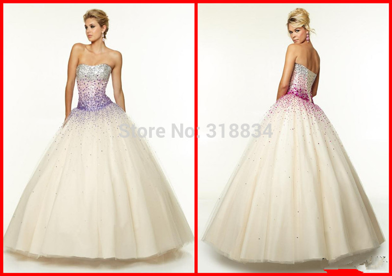 Romantic White Tulle Long Quinceanera Dresses 2015 f 97044 Corset Sparkly Crystals Strapless Neckline Lace Up