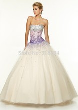 Romantic White Tulle Long Quinceanera Dresses 2015 f 97044 Corset Sparkly Crystals Strapless Neckline Lace Up