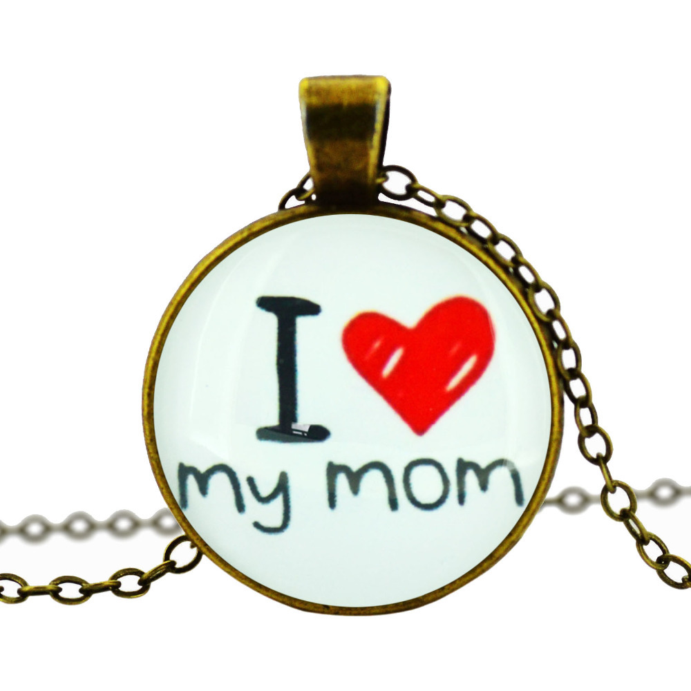 glass cabochon necklace I love my mom art picture antique Bronze chain necklace pendant necklace jewelry