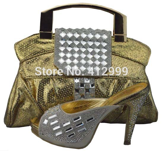 African Fashion Shoes and Matching Bags set with plenty stones and Italy Shoes and Bags gold