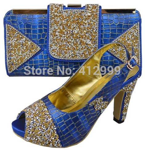 Shining glitter wedding party shoes and matching bags in blue