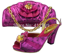 2014 NEW ARRIVAL fushia pink  Fashionable African Shoes and Matching Bags for wedding and party