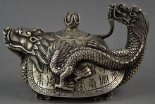 Collectible Decorated Old Handwork Tibet Silver Carved Dragon Tortoise Tea Pot
