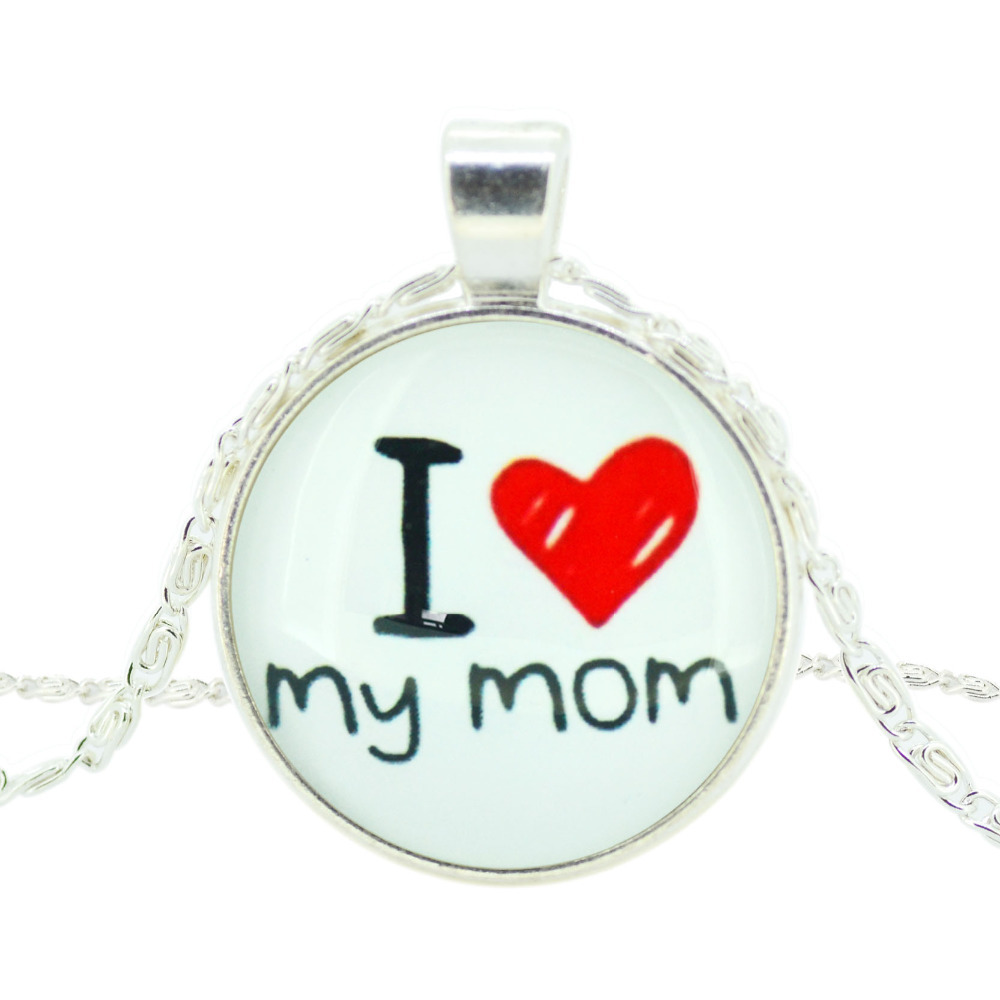 glass cabochon necklace I love my mom art picture silver chain necklace pendant necklace jewelry fashion