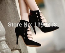 100%real picture! ! hot selling gold chains pointed toe ankle boots black nude high heel pumps size 35-41