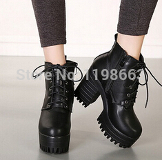 Fashion Womens Autumn Boots Black Lace Up Faux Leather Womens Platform Ankle Boots Ladies Casual Booties
