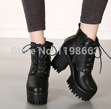 Fashion Womens Autumn Boots Black Lace Up Faux Leather Womens Platform Ankle Boots Ladies Casual Booties Shoes Wholesales