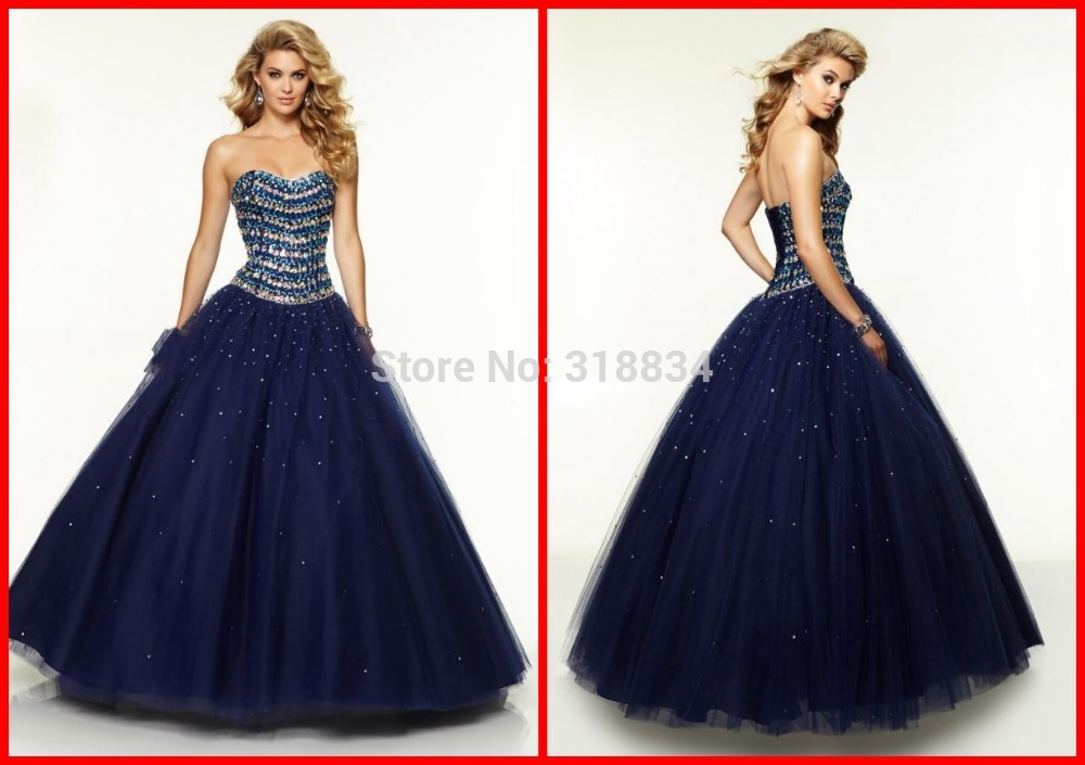 Navy Blue Tulle Quinceanara Dresses Ball Gowns 2015 f 97094 Luxury Crystals Lace Up Backless Sweetheart