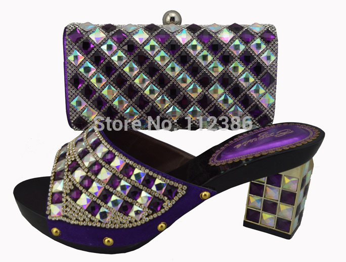 African Fashion Shoes and Matching Bags set with plenty stones Italy Shoes and Bags TSh1149 purple