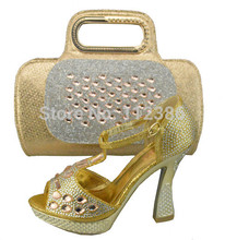 2014 popular fashion matching shoe and bag for african wedding and party in gold size 38-42