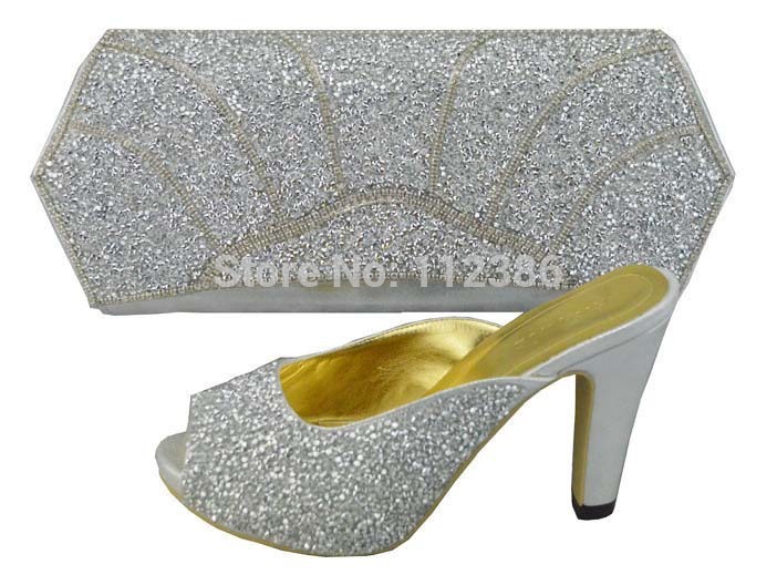 African Fashion Shoes and Matching Bags set with plenty stones and Italy Shoes and Bags silver