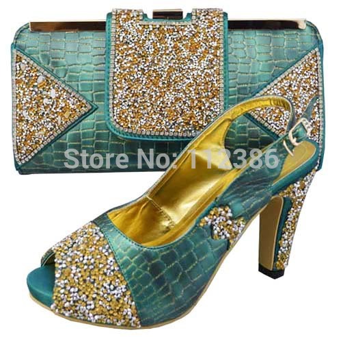 FREE SHIPPING many stones fashion nice matching shoe and bag set TSh1169 green size 38 to