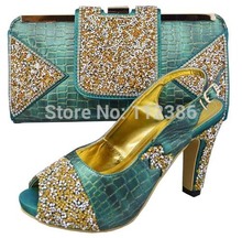 FREE SHIPPING many stones fashion nice matching shoe and bag set TSh1169 green size 38 to 43 for retail and wholesale
