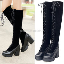 Women Lace Up Knee High Boots Chunky Block High Heel Platform Punk Goth Creepers    us 4 4.5 5 6 7 8 9 10 10.5 11