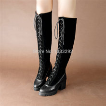 Women Lace Up Knee High Boots Chunky Block High Heel Platform Punk Goth Creepers us 4