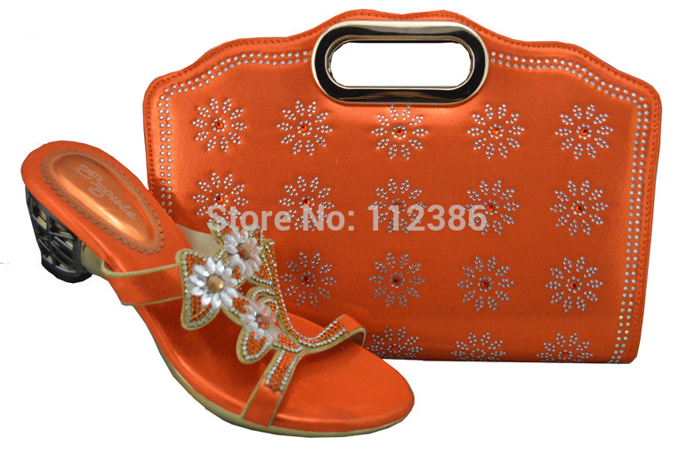 2014 newest wholesale African Wedding shoes and bag matching with free shipping orange color