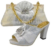 2014 nice quality shoe and matching bag set in pu leather TSH1180 silver