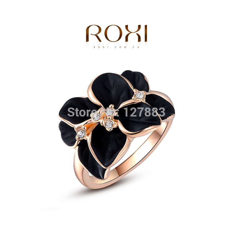 Wholesale ROXI Fashion Accessories Gold Plated Austria Crystal Rhinestone Black Rose Petal Rings Love Gift for