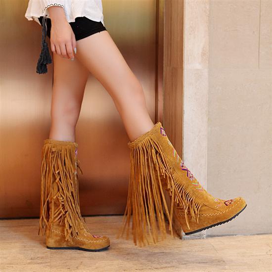 2014 autumn winter boots women new national style casual tassel knee high boots flat heels embroidery
