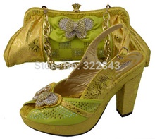 Gold color High heel shoes perfect matching with bag for wedding ,New Italian lady shoes and bag sets for party item jb063