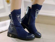 New 2014 autumn shoes women rhinestone female shoes flat heel color block decoration snow boots shoes
