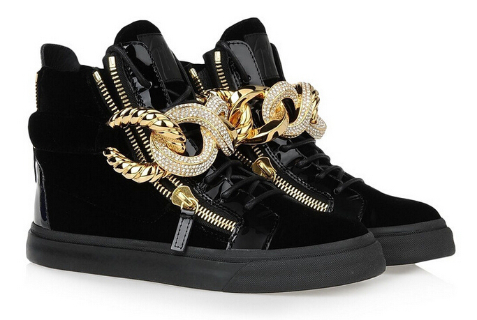 Wholesales GZ 100 Genuine Leather With Metal Chain Rhinestones Zip Elastic Band Shoes Men And Women