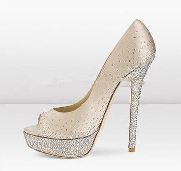 Wholesales Satin Surface With Rhinestone Peep Toe Round Toe With Platforms Women Shoes High Heels Lady