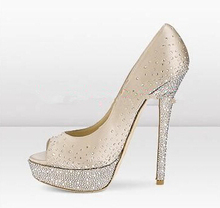 Wholesales Satin Surface With Rhinestone Peep Toe Round Toe With Platforms Women Shoes High Heels Lady Pumps