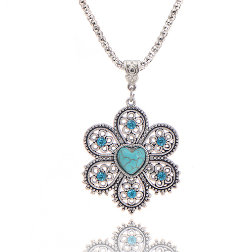 Jewelry Charming Crystal Tibetan Silver Turquoise Heart Flower Pendant Necklace Christmas Gift for Women 2014 M13