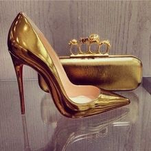 New arrivals genuine leather ladies large size metal patent pumps cheap pointed toe sandals 12cm women gold high heel shoes