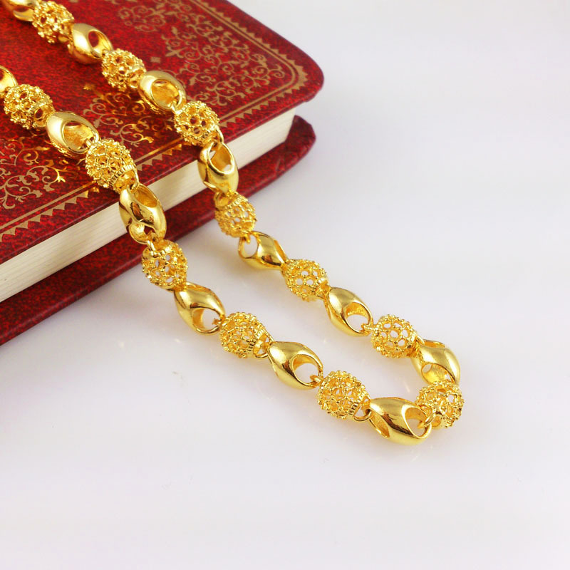 2014 New 24k Gold Necklaces Luck Pierced Beads Chain Fashion Men s Jewlery Free Shipping Fine