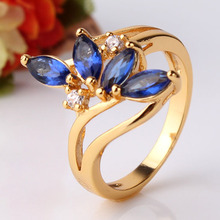 Especial Design 24K Gold Plating Rings Water Drop Cut Royal Blue Crystals CZ Band Rings Love Gifts For Girls Free Shipping R130