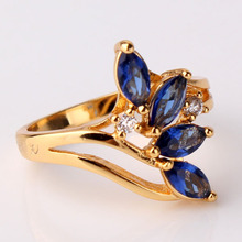 Especial Design 24K Gold Plating Rings Water Drop Cut Royal Blue Crystals CZ Band Rings Love