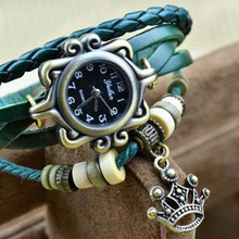 New Fashion Leather Vintage Style Jewelry Bracelet Quartz Wrist Watches of Crown Red   M3AO