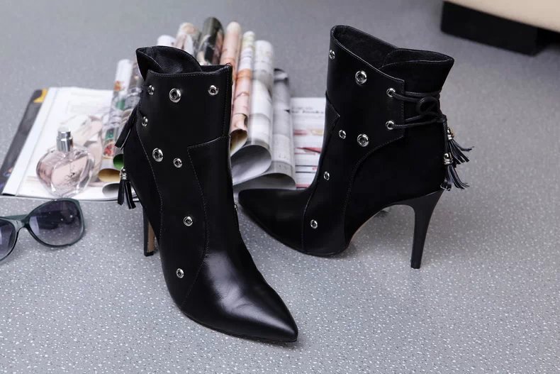 new 2014 autumn winter fashion brand women s shoes pointed Toe High Heels ankle Boots rivets