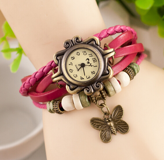 New Fashion Vintage Girls Leather Strap Alloy Bronze Butterfly Pendant Bracelet Watches Wristwatch for Women Free