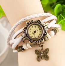 New Fashion Vintage Girls Leather Strap Alloy Bronze Butterfly Pendant Bracelet Watches Wristwatch for Women Free