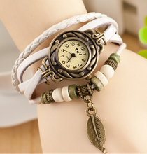 New Fashion Vintage Girls Leather Strap Alloy Bronze Leaf Pendant Bracelet Watches Wristwatch for Women Free Shipping