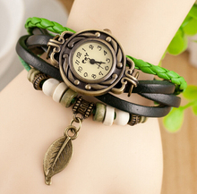 New Fashion Vintage Girls Leather Strap Alloy Bronze Leaf Pendant Bracelet Watches Wristwatch for Women Free
