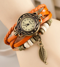New Fashion Vintage Girls Leather Strap Alloy Bronze Leaf Pendant Bracelet Watches Wristwatch for Women Free
