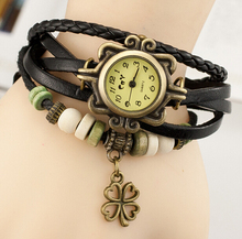New Fashion Vintage Girls Leather Strap Alloy Four Leaf Clover Pendant Bracelet Watches Punk Wristwatch for