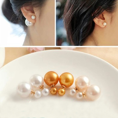 Fashion Earrings 2014 Double pearl earrings for women Jewelry Brincos ouro de festa Stud earrigns Boucles