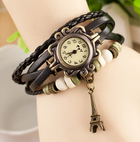 New Fashion Vintage Girls Leather Strap Alloy Bronze Tower Pendant Bracelet Watches Wristwatch for Women Free
