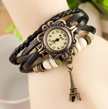 New Fashion Vintage Girls Leather Strap Alloy Bronze Tower Pendant Bracelet Watches Wristwatch for Women Free Shipping