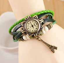New Fashion Vintage Girls Leather Strap Alloy Bronze Tower Pendant Bracelet Watches Wristwatch for Women Free