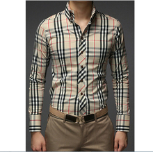 2014 Autumn Plaid Shirt Long Sleeve men Shirts Brand Luxury camisa slim masculina Social Dress casual