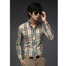 2014 Autumn Plaid Shirt Long Sleeve men Shirts Brand Luxury camisa slim masculina Social Dress casual