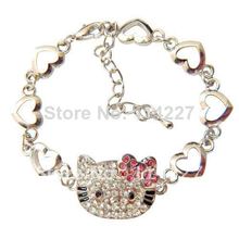 2014 Rushed Top Fasion Chain & Link Bracelets Women Link Chain Crystal Zinc Alloy Hello Kitty The Head Peach Bracelet 2