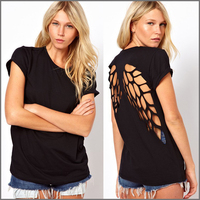 New 2014 Hot White Black t shirts Women\'s T-Shirts Backless Laser Engraving Stencil Angel Wings Hollow Female Sexy Summer Tees
