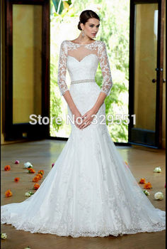 На заказ эфирный кружево русалка свадебное платье три четверти рукава свадебное платье